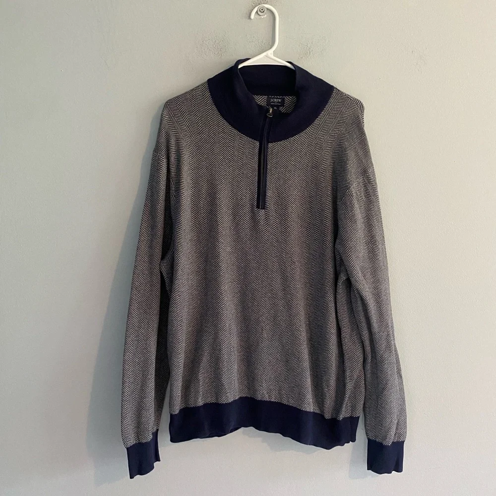 J. Crew Cotton Blue and Grey Half-Zip Sweater in Herringbone